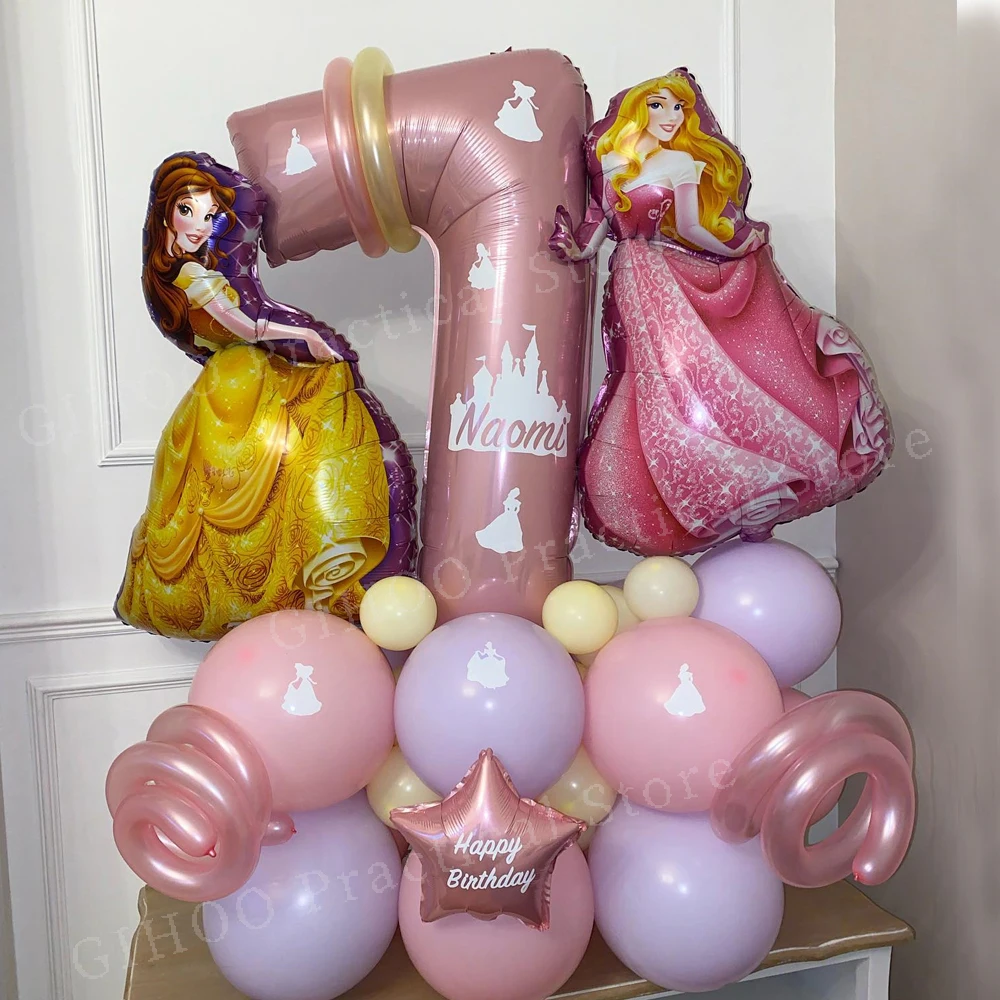 

27pcs Disney Princess Bella and Aurora Balloon Set 40inch Pink Number Balloons Happy Birthday Baby Showe Decorations Kids Gifts
