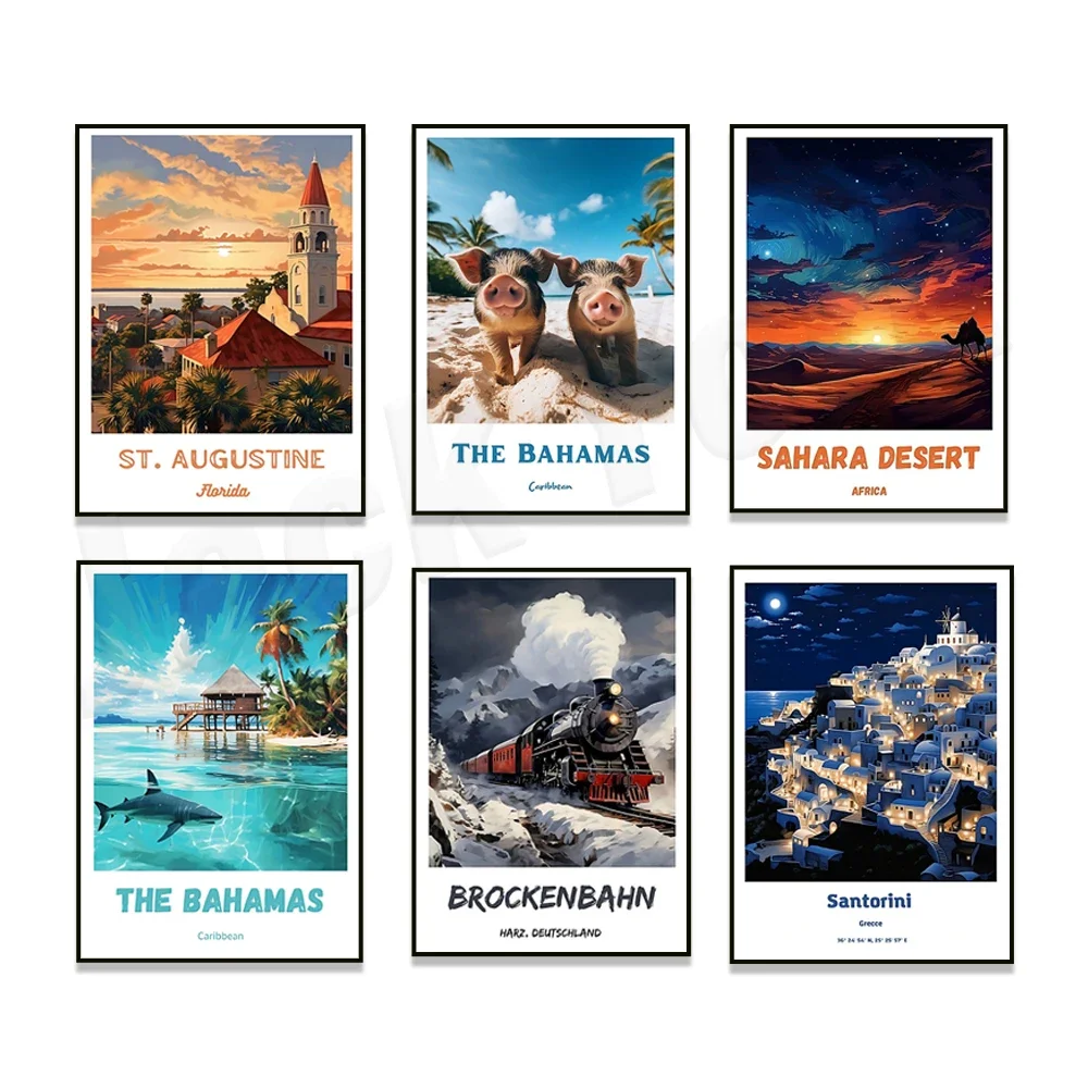 German train Brocken Railway Sahara Desert Himeji Castle St. Augustine Ravello Bahamas Jerusalem Santorini travel poster