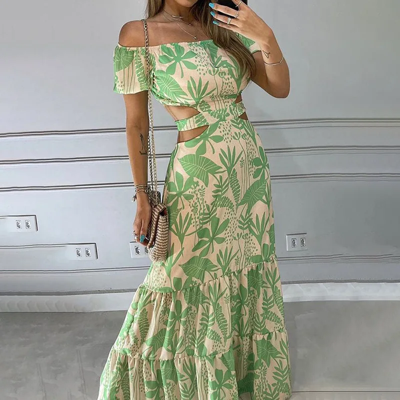 

Boho Floral Print Sundress for Women Oversized Sexy Hollow Out Maxi Long Party Dresses Elegant Ladies Off Shoulder Casual Dress