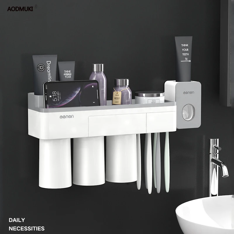

Multi-Function Toothbrush Holder Hair Dryer Rack for Bathroom Accessories Set Toothpaste Dispenser Toilet Brush Tissue Box
