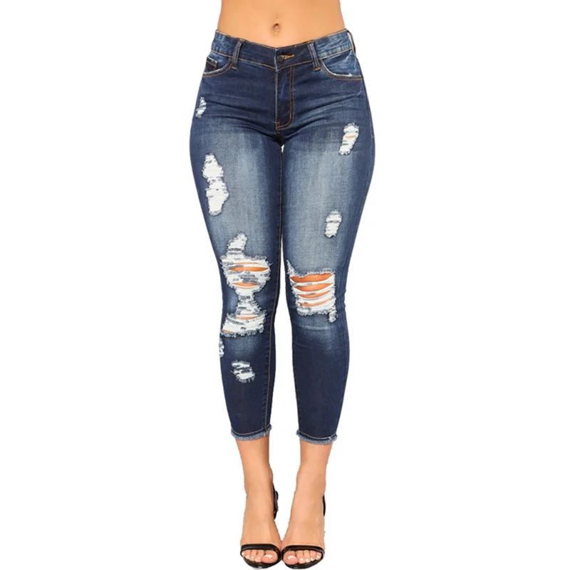 Ripped elastic stretch jeans ladies slim jeans ladies jeans ladies high waist tight pencil denim pants embroidery