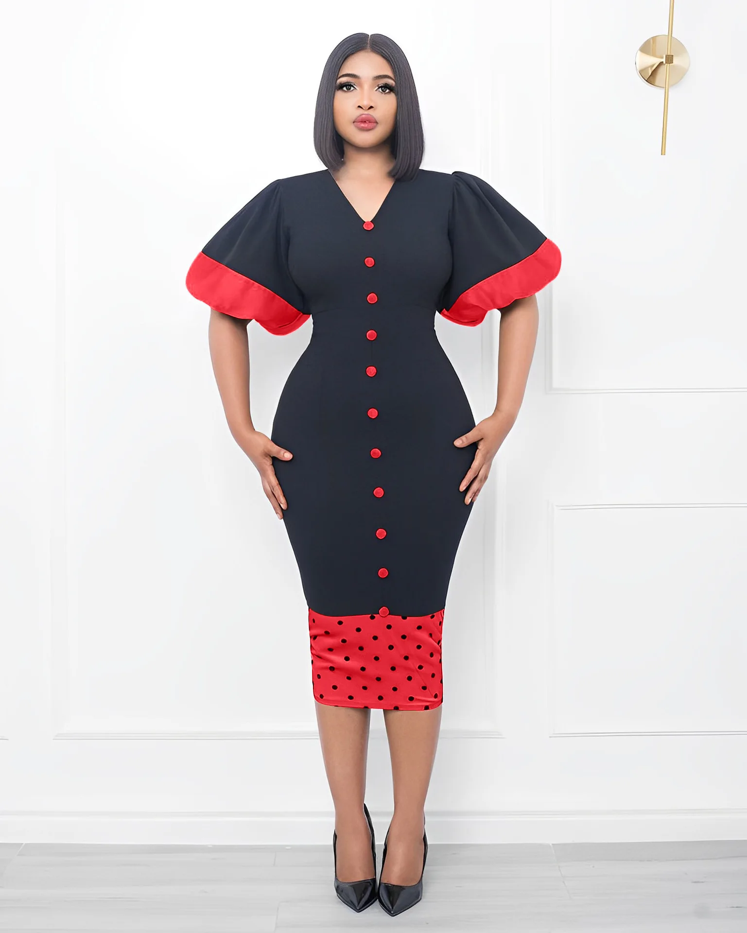 

Женское винтажное платье-карандаш в горошек, офисное облегающее платье с рукавами-фонариками, V-образным вырезом и пуговицами для работы, на лето