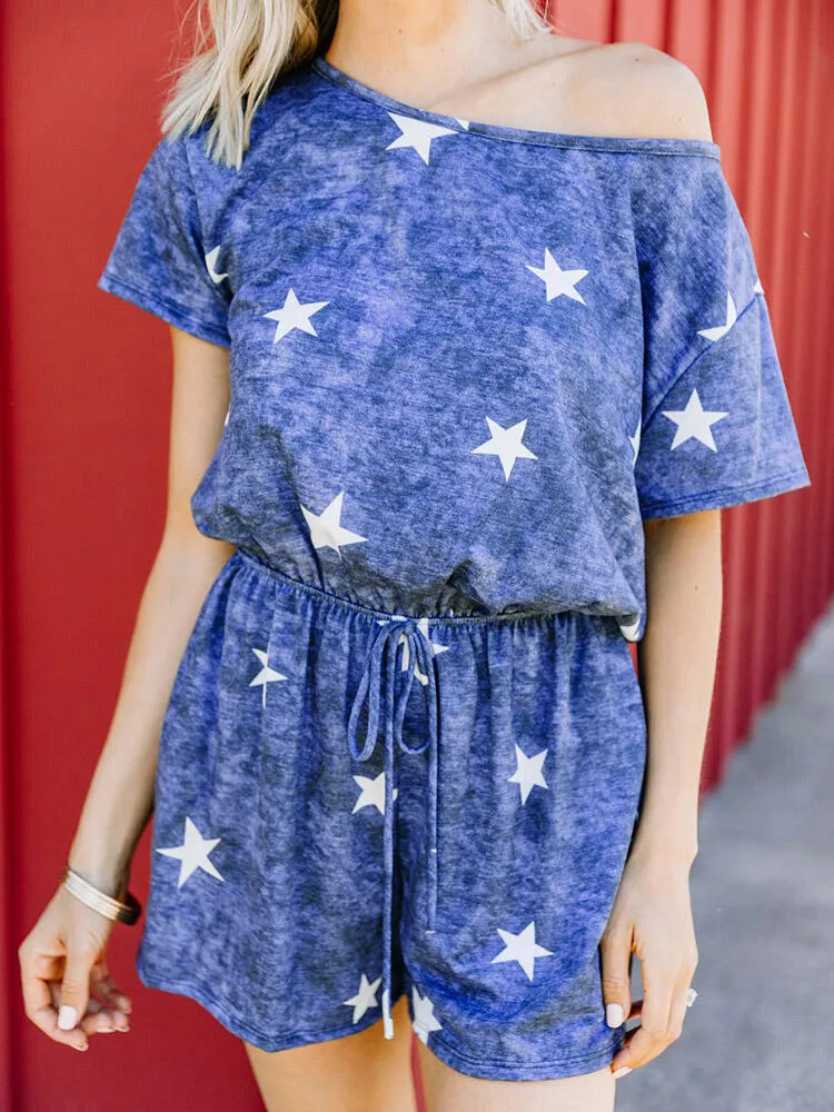 Pajamas for Women Summer Tie Dye Star Hollow Out Elastic Waist Drawstring Romper Sleepwear Underwear Set Soft Nightwear