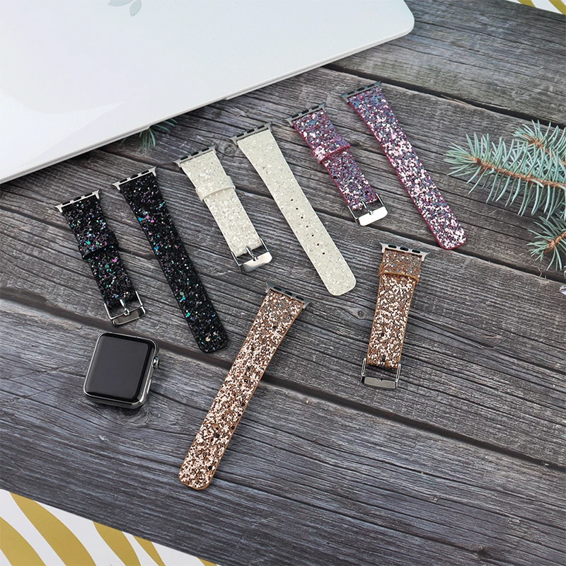 2021 Leather Band for Apple Watch 38mm 40mm Women Bling Diamond 42mm 44mm Genuine Shiny Glitter Strap IWatch Series 6 5 4 3 2 1