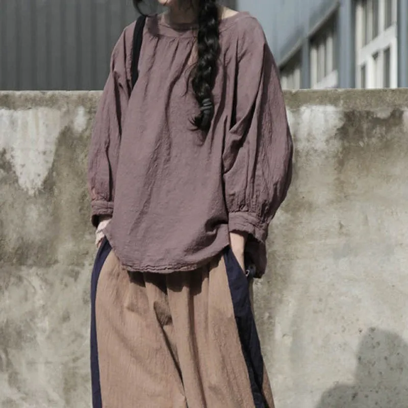 

2022 New Arrival Summer Arts Style Women Casual Long Sleeve O-neck T Shirt All-matched Lantern Sleeve Cotton Linen Tshirt P475
