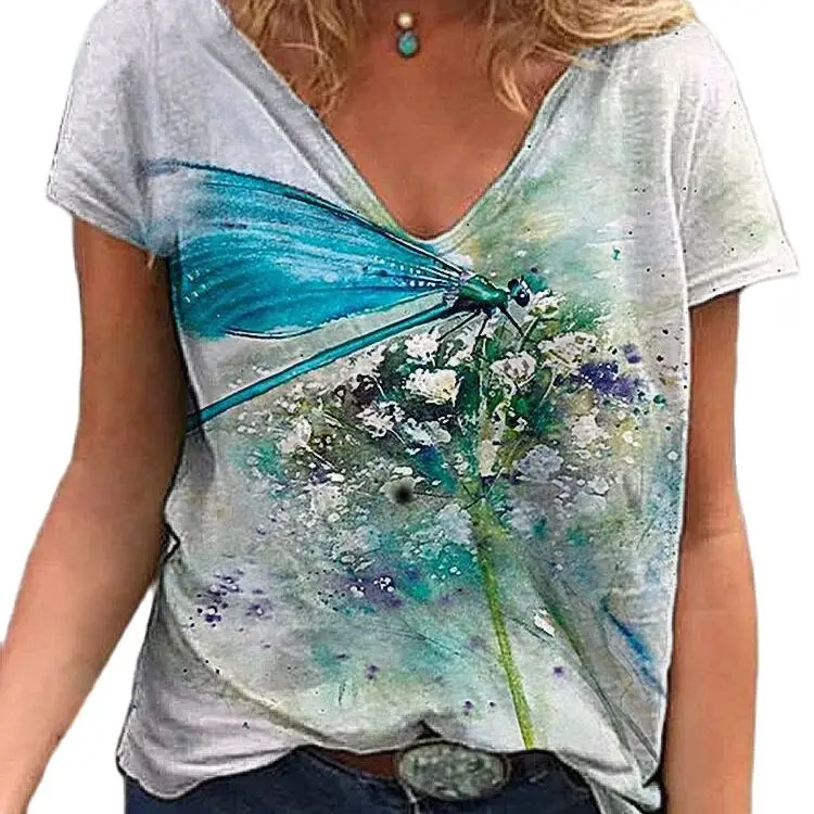 

Butterfly V-Neck 3D Pattern New Short Sleeve Top Fashion Summer T-Shirt