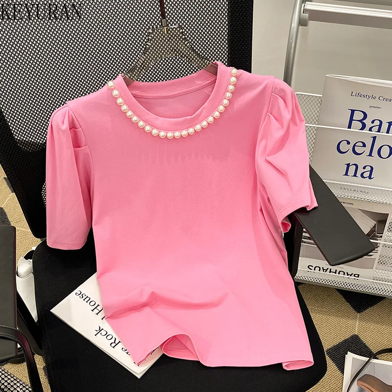

2022 New Summer Pearls Beading Short-sleeved T-shirt Women's Korean Chic White/Pink Puff Sleeve Casual Loose Tshirt Woman Top