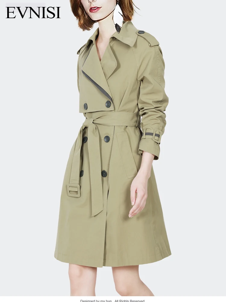 

Женский Осенний элегантный тренчкот EVNISI с поясом двубортная ветровка с отложным воротником уличная одежда Универсальная Женская куртка