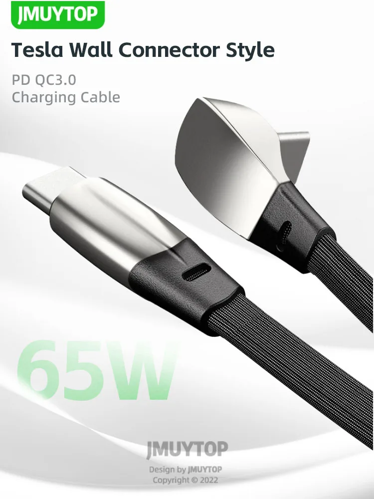 JMUYTOP Tesla Model 3/Y Wall Connector Style flat line Charging cable PD QC3.0 type c USB C Charging Data Cord for Bent plug