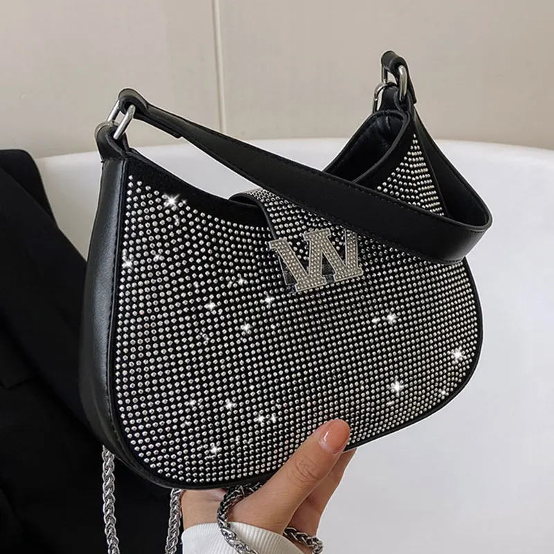 

Luxury Zircon PU Leather Shoulder Crossbody Bags For Women 2022 Solid Women's Designer Chain Handbag Female Trend Armpit Bag