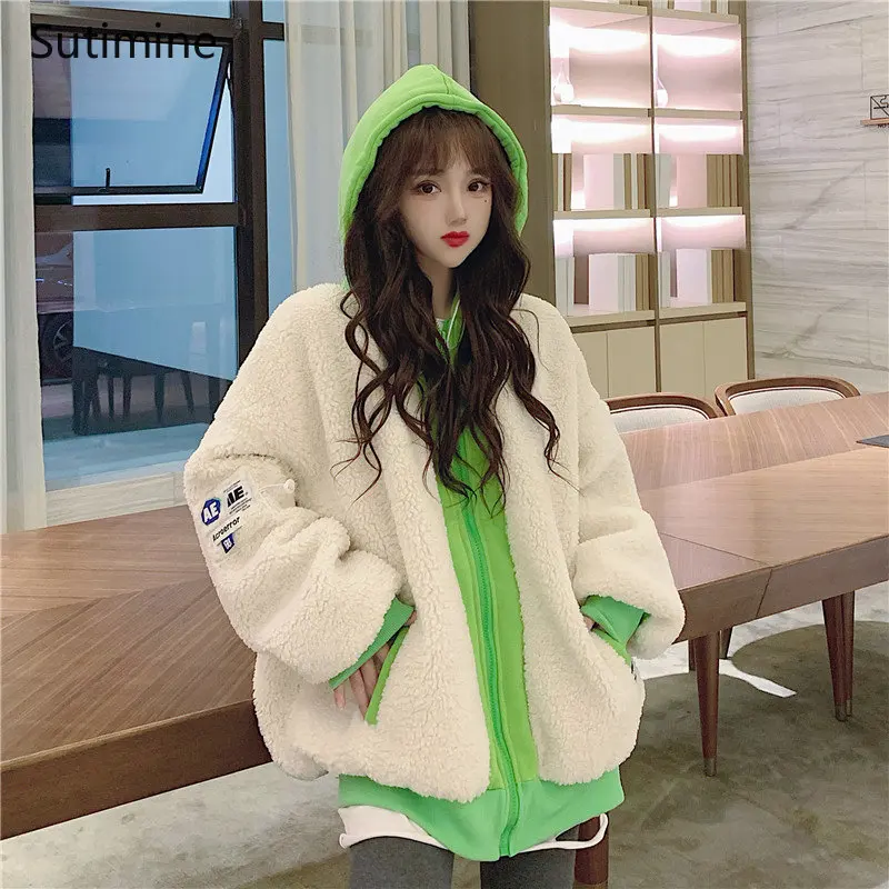 Winter Coat Office Lady Pockets Lamb Wool Splicing Cotton Coat Women Cashmere Cotton Coat Zipper Hooded Winter Clothes Women