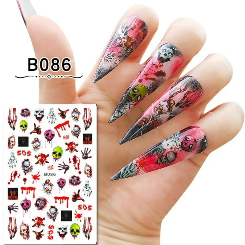 Наклейки для ногтей на Хэллоуин, смешанные, 12 штук, черные, полного покрытия, самоклеящиеся, декорации, дизайнерские аксессуары для ногтей, стикеры для красоты ногтей.