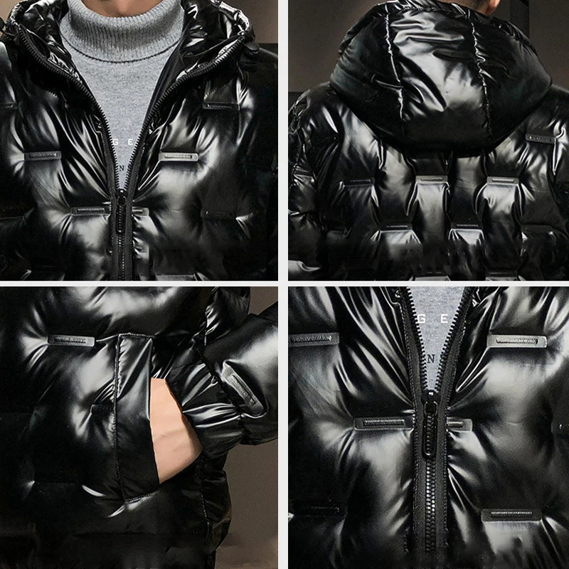 Winter Polyester Men's Down Jacket Hooded Long Sleeve Cardigan Pockets Zipper Slim Solid Thick Glossy Fashion Casual Down Jacket
