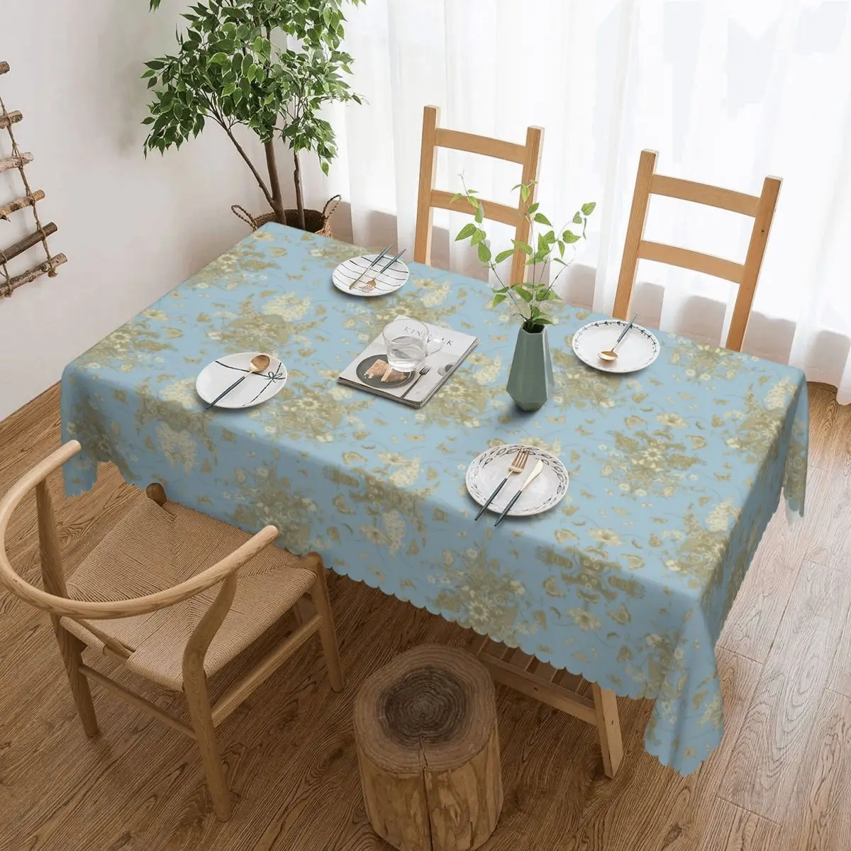 

Rectangular Waterproof Oil-Proof Blue Gold Flower Toile De Jouy Tablecloth Table Covers Inspired Botanic Pattern Table Cloth