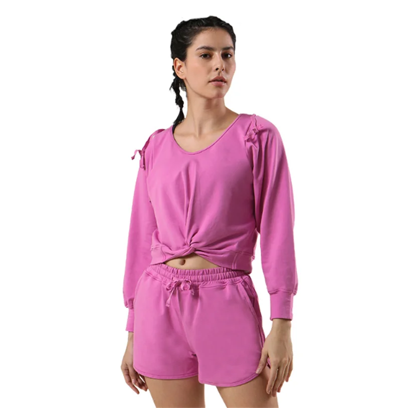 

Solid Color Crop Pullover Drawstring Shorts Sports Sets Women Cotton Hooded Gym Workout Short Top+Shorts 2Pcs/Set