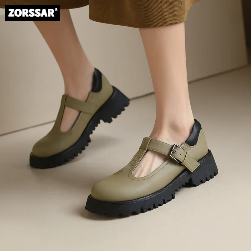 

Cow leather Women Mary Jane Lolita Shoes Flats Platform fashion Retro style Women's Round toe Thick heel College Student shoes