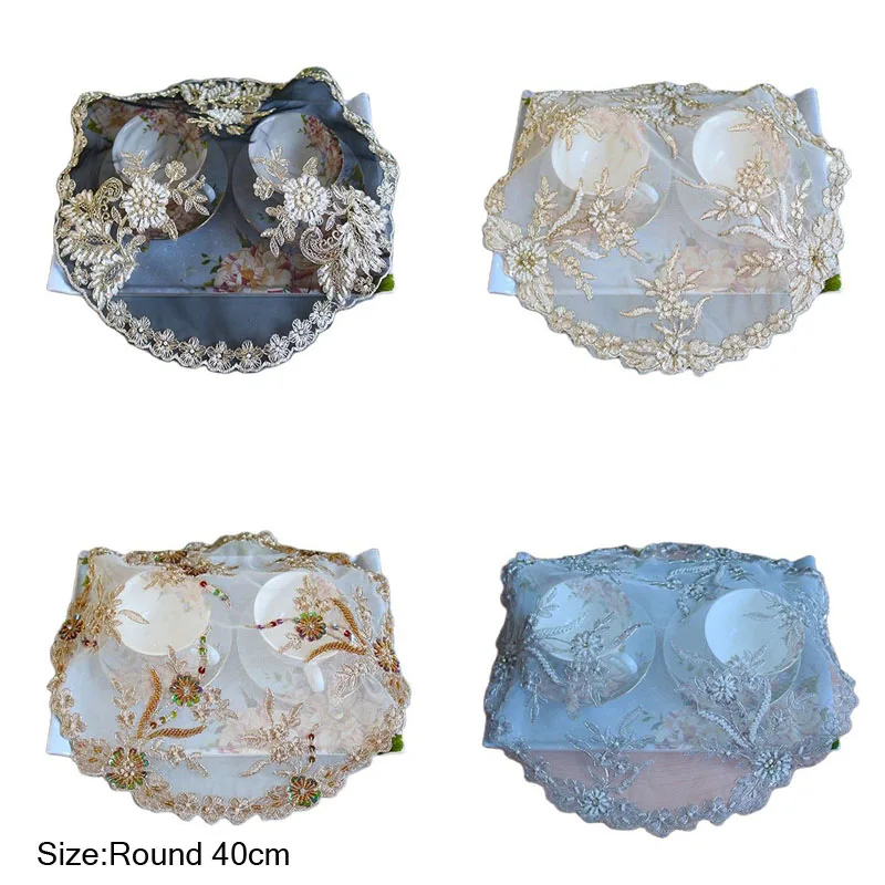 

Round lace beads mesh table place mat pad cloth hand-embroidery cup doily coaster Christmas placemat wedding kitchen Accessory