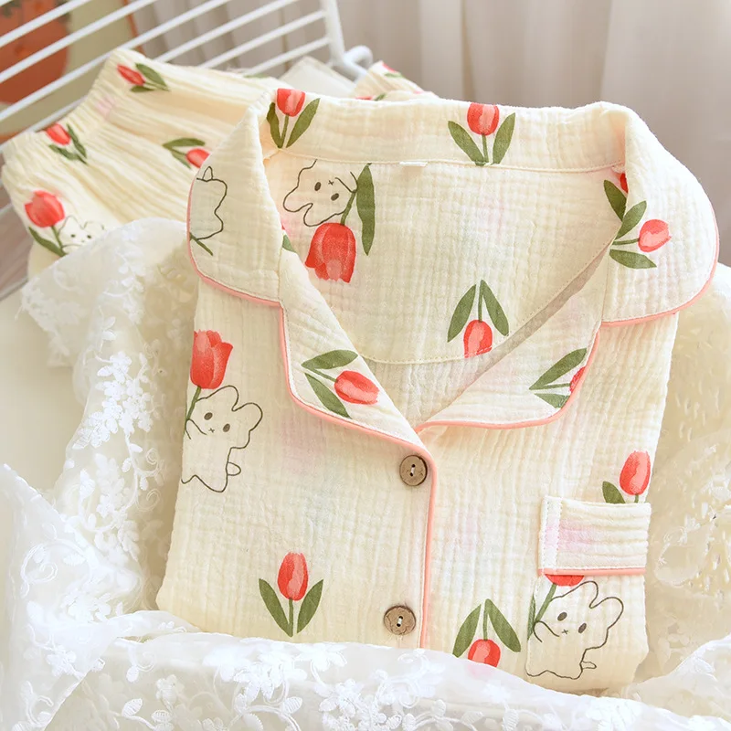 Pyjamas Women Spring and Summer Cardigan Style Leisure Sleepwear Turn-down Collar Long-sleeved Cute Bunny Home Service Suit