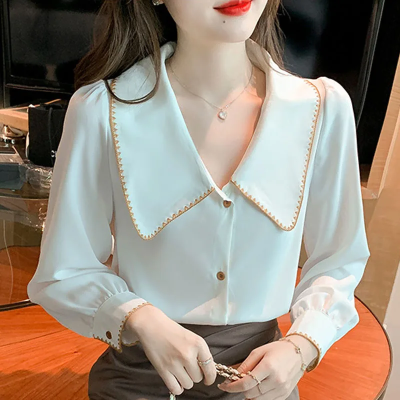 Женская шифоновая блузка с отложным воротником длинным рукавом