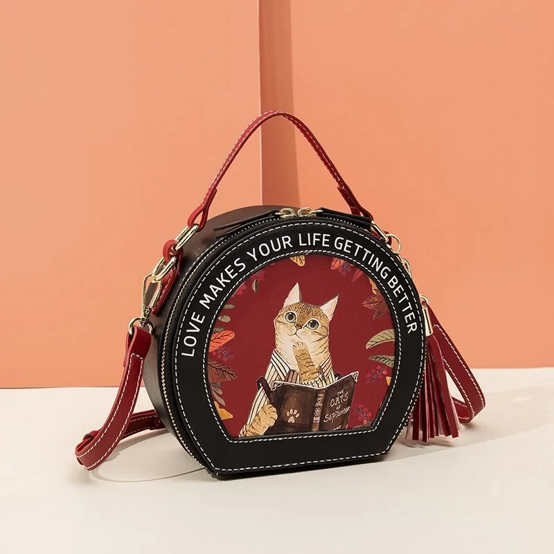 MBTI Cute Cat Lolita Womens Shoulder Bag Funny Print Circular Designer Student Handbag Pu Leather Lovely Ins Fashion Female Bag