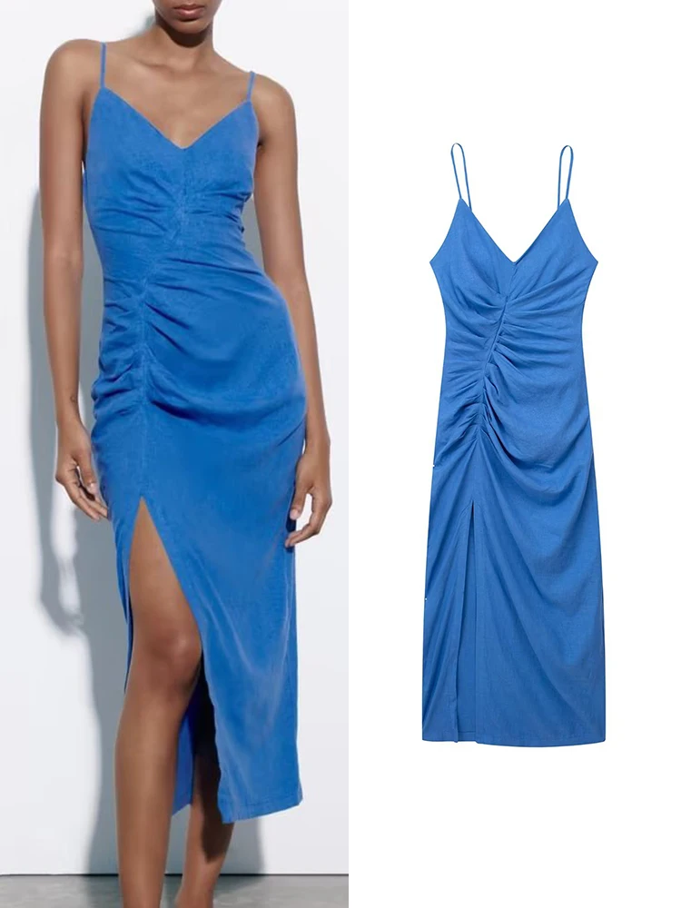 

Платье летнее однотонное Плиссированное до середины икры с V-образным вырезом и Боковым Разрезом