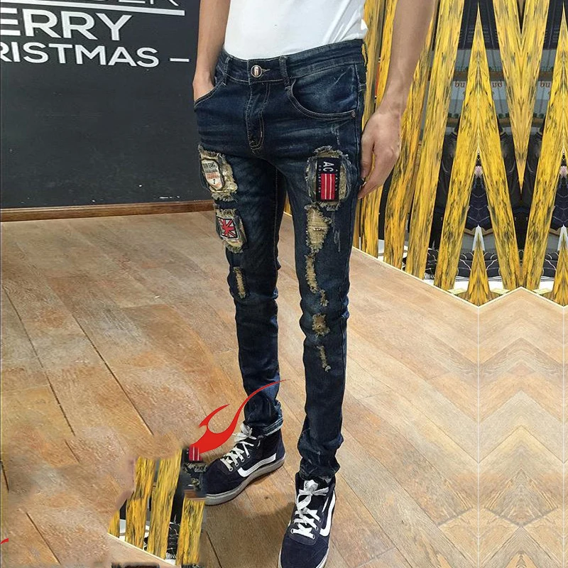 

Wholesale 2022 Teenagers Tight-fitting Stretch Jeans Men's Ripped Patch Personality Feet Pants Teen Trend Rotten Beggar Pants