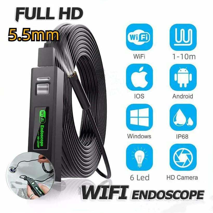 

WiFi Endoscope Mini Camera IP67 Waterproof 5.5mm Endoscopic Cameras 2MP HD Wireless Borescope for Android Samertphone IOS Iphone