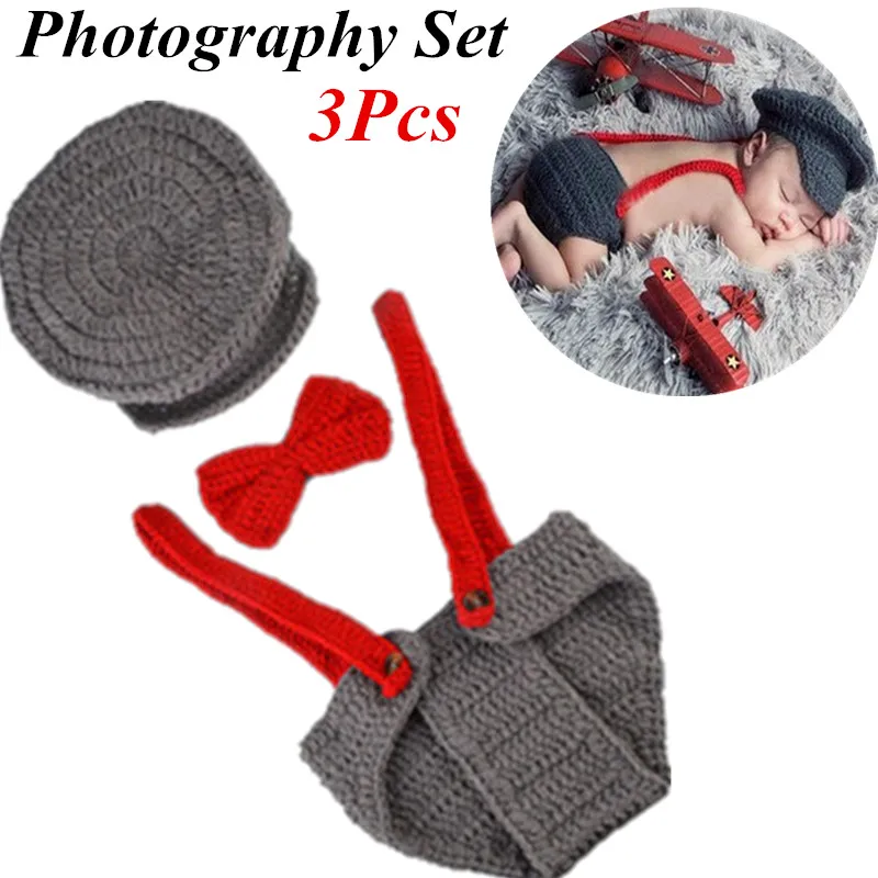 Newborn Photography Prop Baby Girl Photo Crochet Costume Gentleman Knitted Infant Hat and Toy Set | Детская одежда и обувь