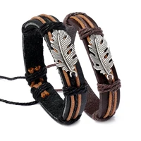 2022 new vintage leaf feather leather bracelet mens fashion woven handmade star rope winding bracelet mens gift wholesale