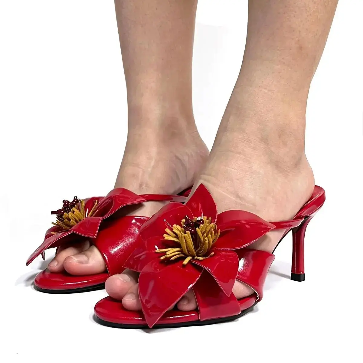 CHMURY/Вишневые красные белые босоножки на каблуке с цветочным принтом