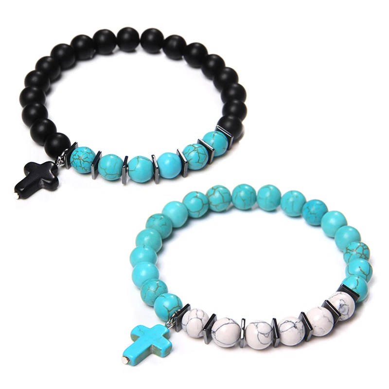 

Fashion Cross Charm Turquoises Bracelets For Women Men Couple Prayer Peace Lava Tiger Eye Natural Stone Pendant Bangles Jewelry