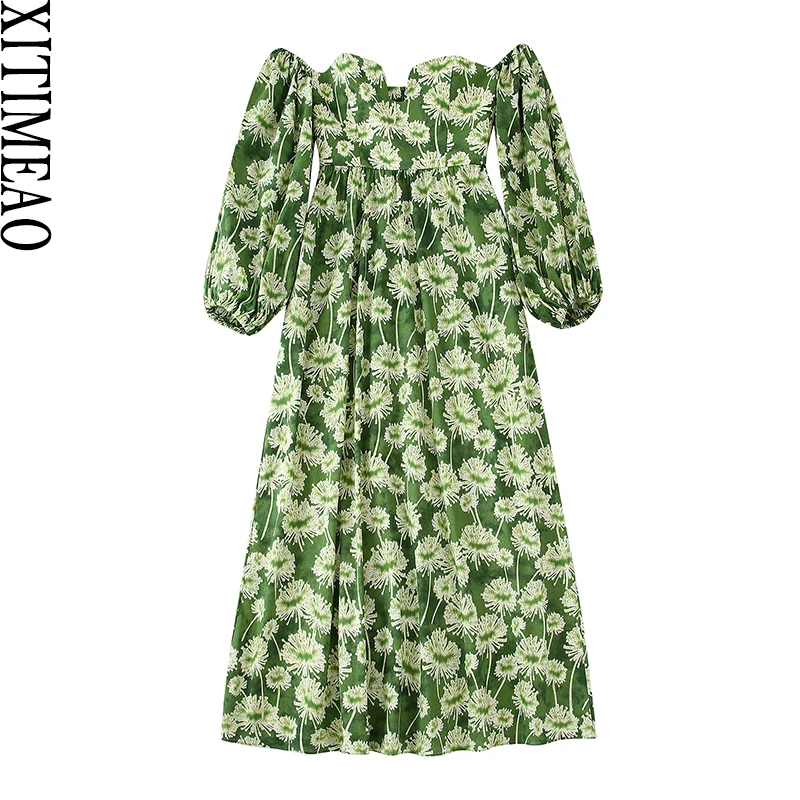 

Xitimeao Women Fashion Floral Print Strapless Midi Dress Vintage Long Sleeve Back Zipper Female Chic Dresses Vestidos