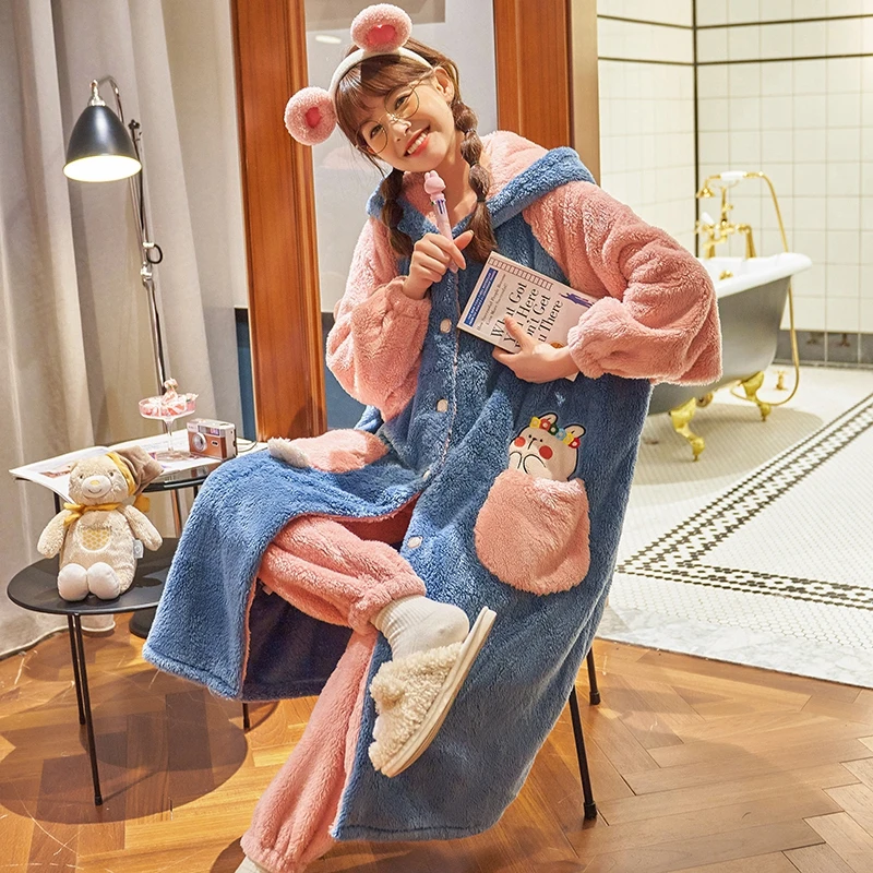 Winter Pajamas Fashion Women Sleepwear Plush Robe Thermal Pantsuit Plus Size Home Wear Add Fleece and Thicken Nightgown
