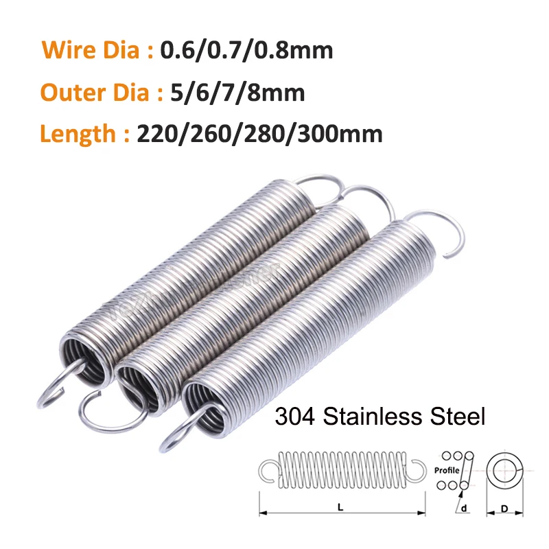 

1-10pcs Wire Dia 0.6/0.7/0.8mm 304 Stainless Steel Open Hook Tension Coil Extension Stretching Spring OD 5~8mm Length 220~300mm