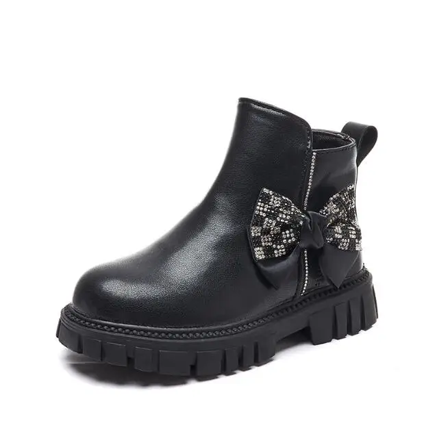 Black Rhinestone Bow Booties 2022 Non-Slip Winter Snow Boots New Casual Girls Kids Fashion Leather Elegant Princess Sport Shoes images - 6