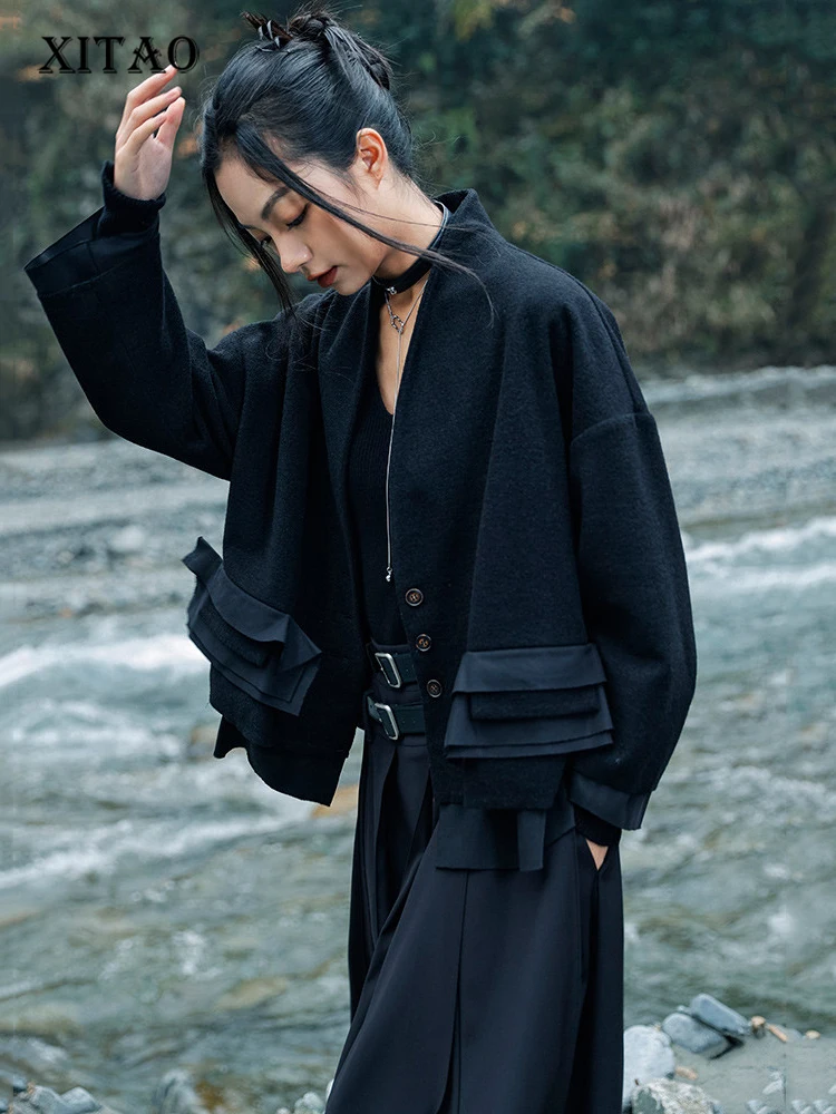 

XITAO Vintage Blends Fashion Women Pocket Goddess Fan Casual 2022 Full Sleeve Patchwork Elegant Loose Blends Coat SMH1081