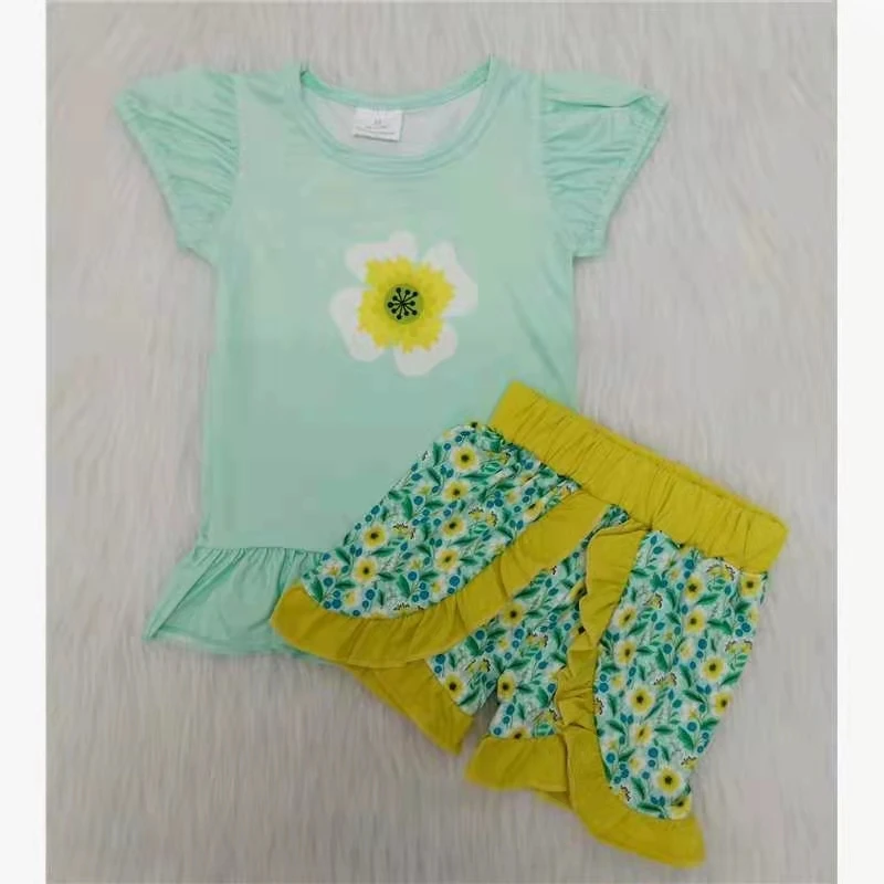 

newborn baby girl clothes set short sleeve print green t shirt top and sunflwer shorts outfit toddler girl summer clothing set