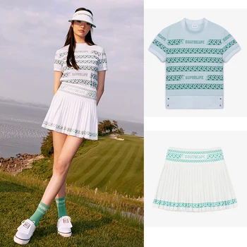 Women's Crew T-Shirt Pleated Striped Stretch Tennis Golf Skirt 1