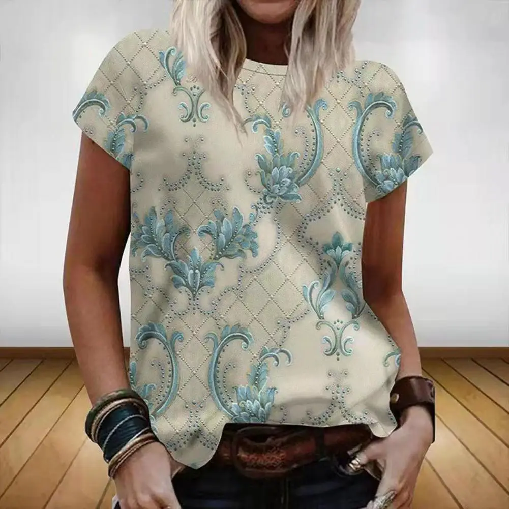 

Summer Women T-shirt Vintage Style Loose Type O-neck Flower Print Short Sleeve Crew Neck Loose Lady Tops Daily Clothes