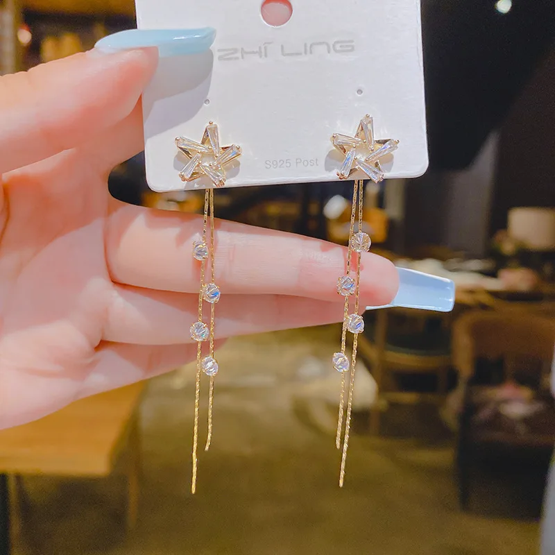 

925 Silver Needle Five Pointed Star Copper Micro Set Zircon Earrings Korean Red Ins The Same Style Tassel Earrings In Stock