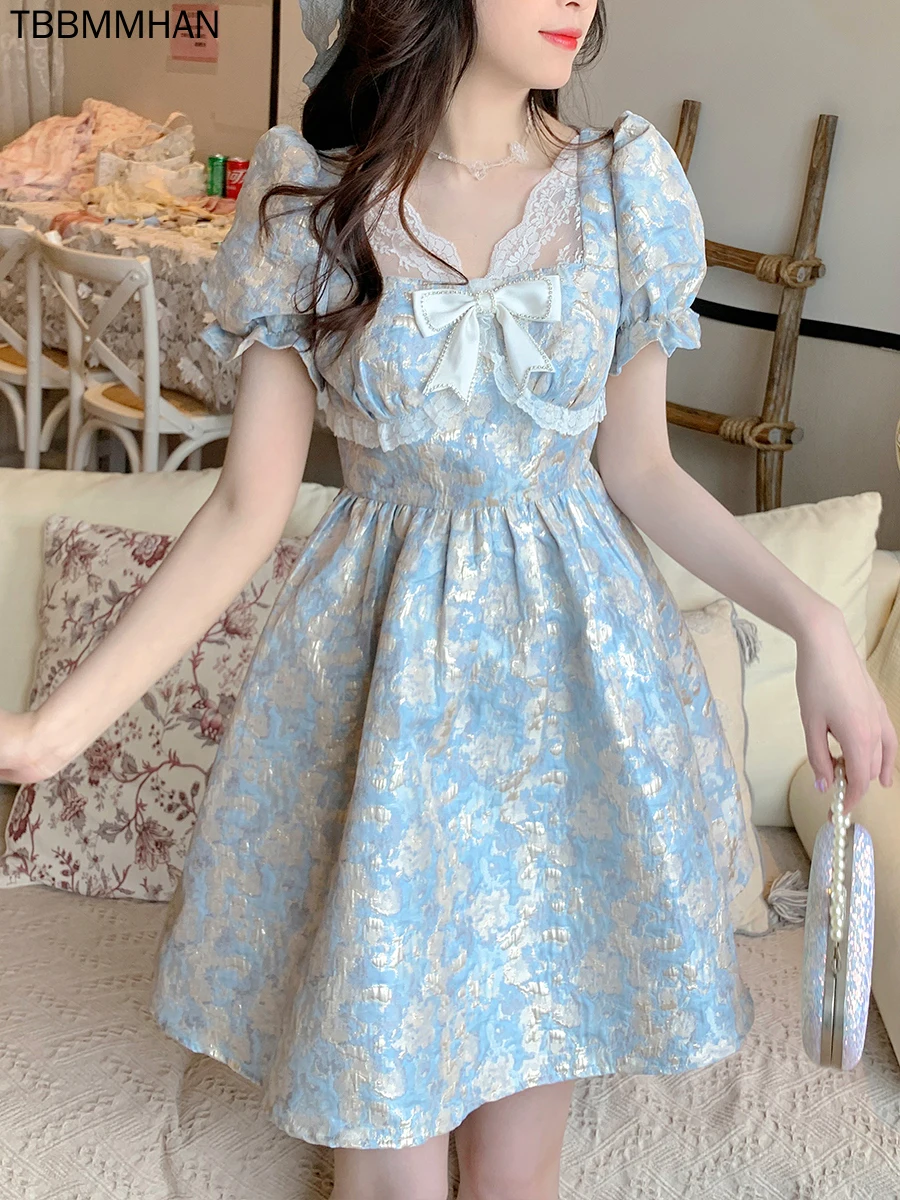 

Мини-платье в стиле "Лолита" с пышными рукавами, Женская Повседневная Милая одежда, цельное платье, корейское летнее элегантное винтажное ко...