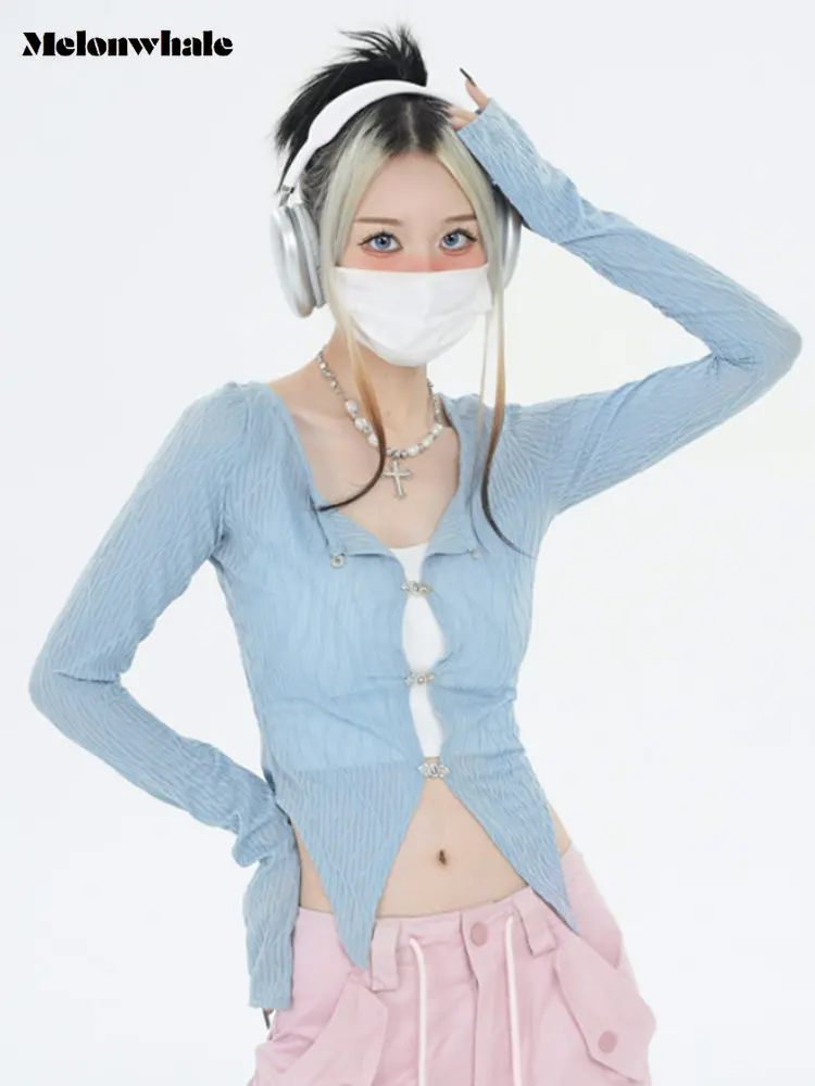 

Женская трикотажная футболка AW, голубая Приталенная футболка с длинным рукавом в Корейском стиле, складная рубашка в стиле Харадзюку, Y2k, 2022 ...