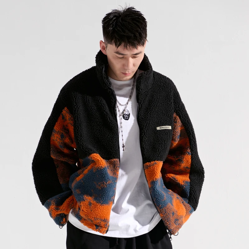 Winter Tie-Dyed Lambswool Rabbit Fur Coat Cotton-Padded Clothes Couple Clothes Stitching Loose Hip Hop Men and Women