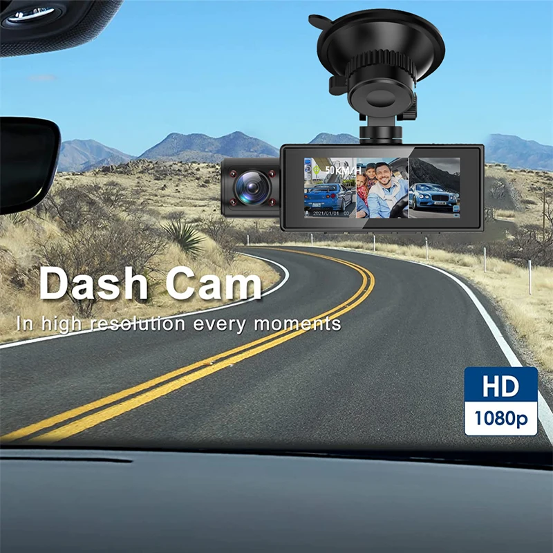 Three-Cameras Inside Camera CAR DVR Cabin Dash Cam Three Lens FHD 1080P Vehicle Black Box Uber Car Video Recorder Taxi Dash Cam enlarge