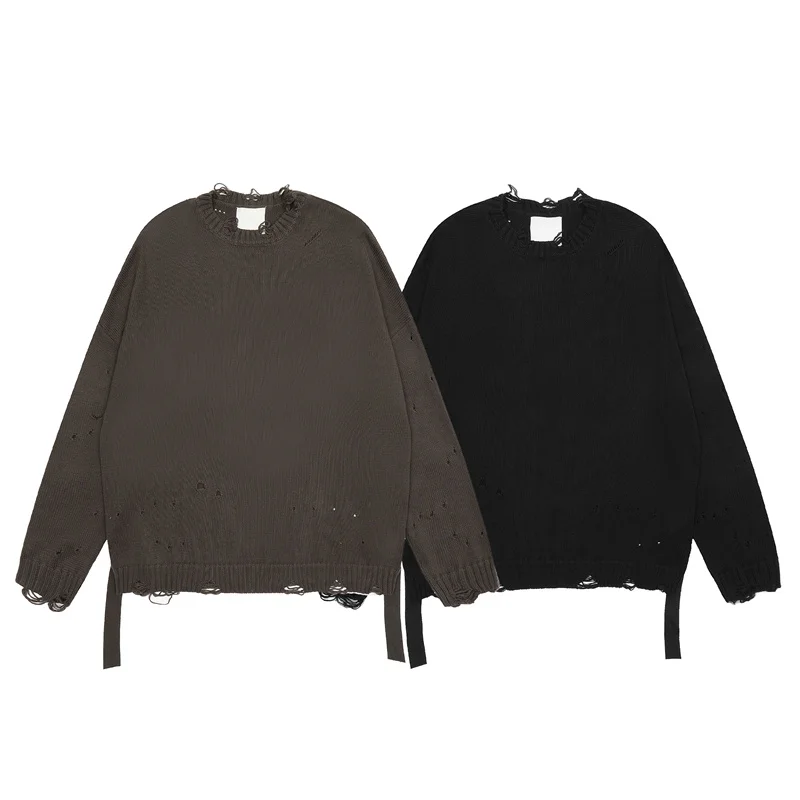 

Однотонный вязаный свитер с эффектом потертости для мужчин и женщин, высококачественный Трикотажный свитер с круглым вырезом и дырками