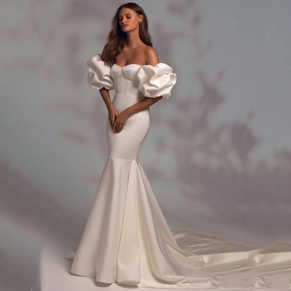 

High Quality Ivory Off The Shoulder Wedding Dresses Detachable Puff Sleeve Mermaid Bridal Gowns Simple Abito Da Sposa