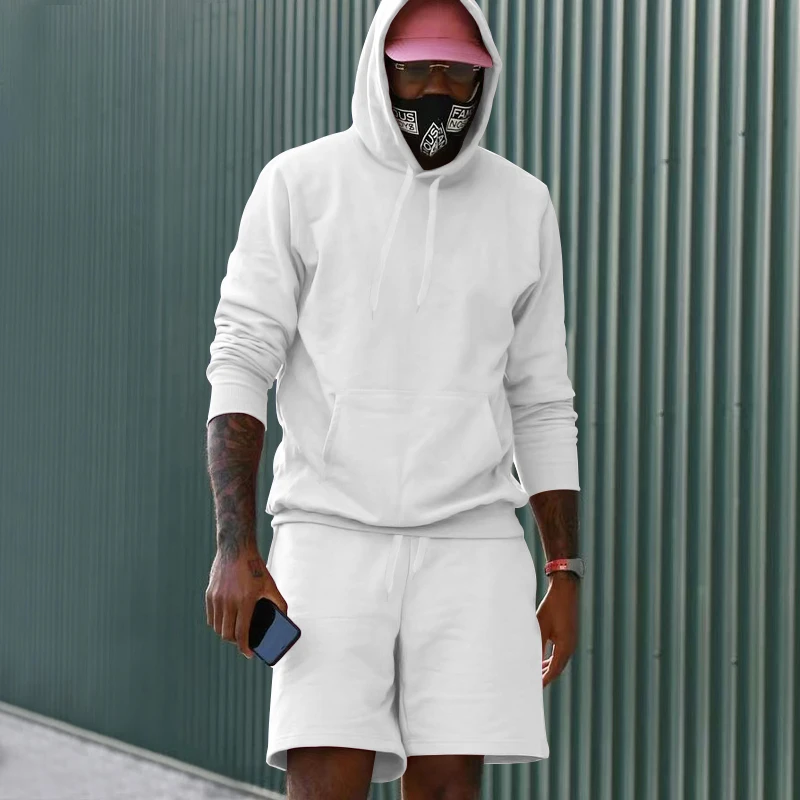 New Hot Selling Spring/Summer Men's Hooded Solid Sweater+Elastic Drawstring Waist Shorts Two Piece Fashion Casual Sports Set