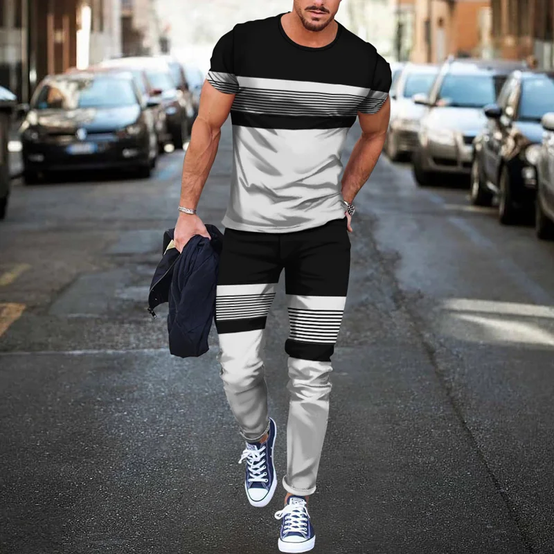 

New Men's Tracksuit Short Sleeve T-shirt Trousers Suit Stripe 2 Piece Sets Fashion Summer Man Outfit Casual Oversized Streetwear