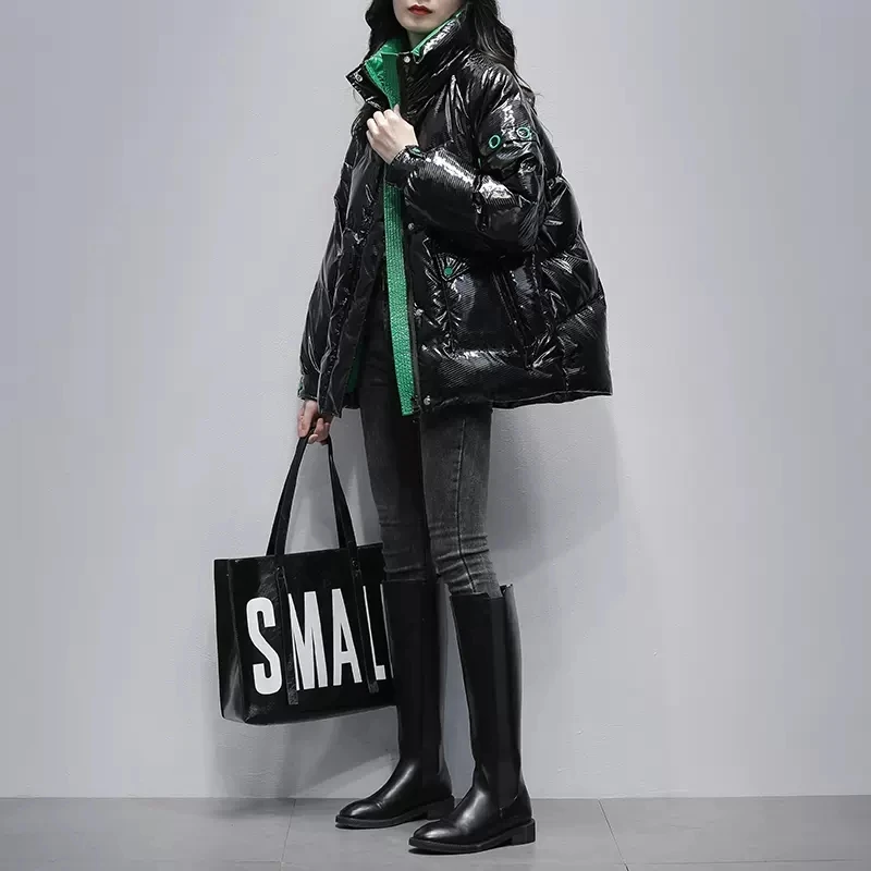 

Black Glossy Down Jacket Women 2023 Winter New Korean Stand collar White duck down Short Coats Ladies Loose Warm Parkas Overcoat
