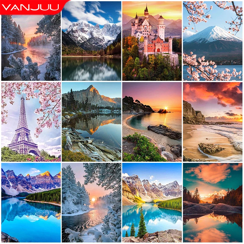 

Алмазная живопись, пейзаж 5D, «сделай сам», прибрежное озеро, горы, картина, полная круглая Алмазная вышивка, мозаика, украшение, подарок